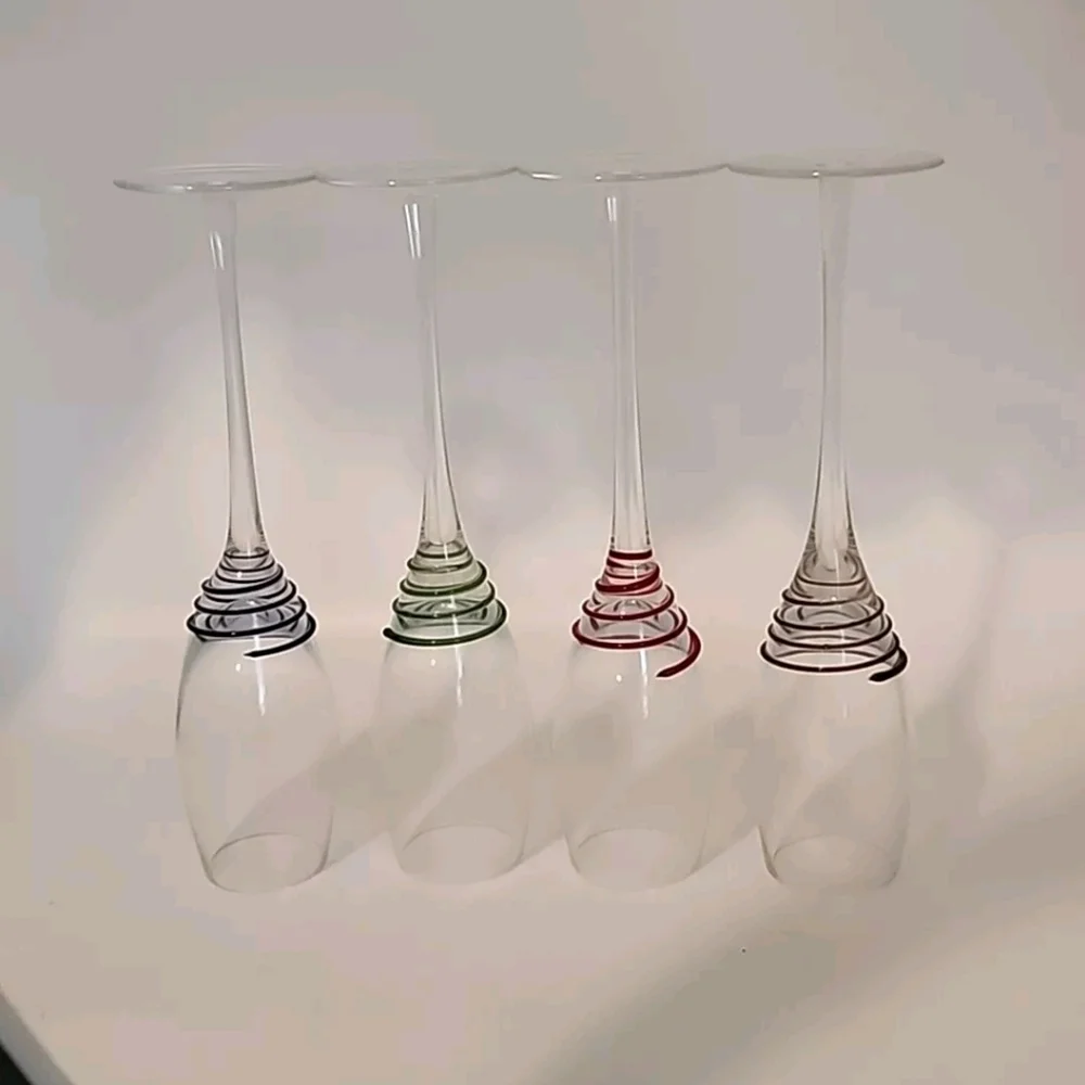 SET OF 4 PIER 1 WINE GLASSES WITH SWIRL OVERLAY MULTI COLORED MOUTH BLOWN